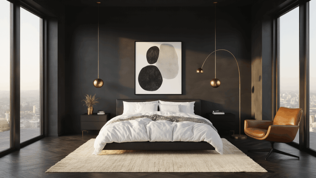 moody minimal bedroom charcoal gold